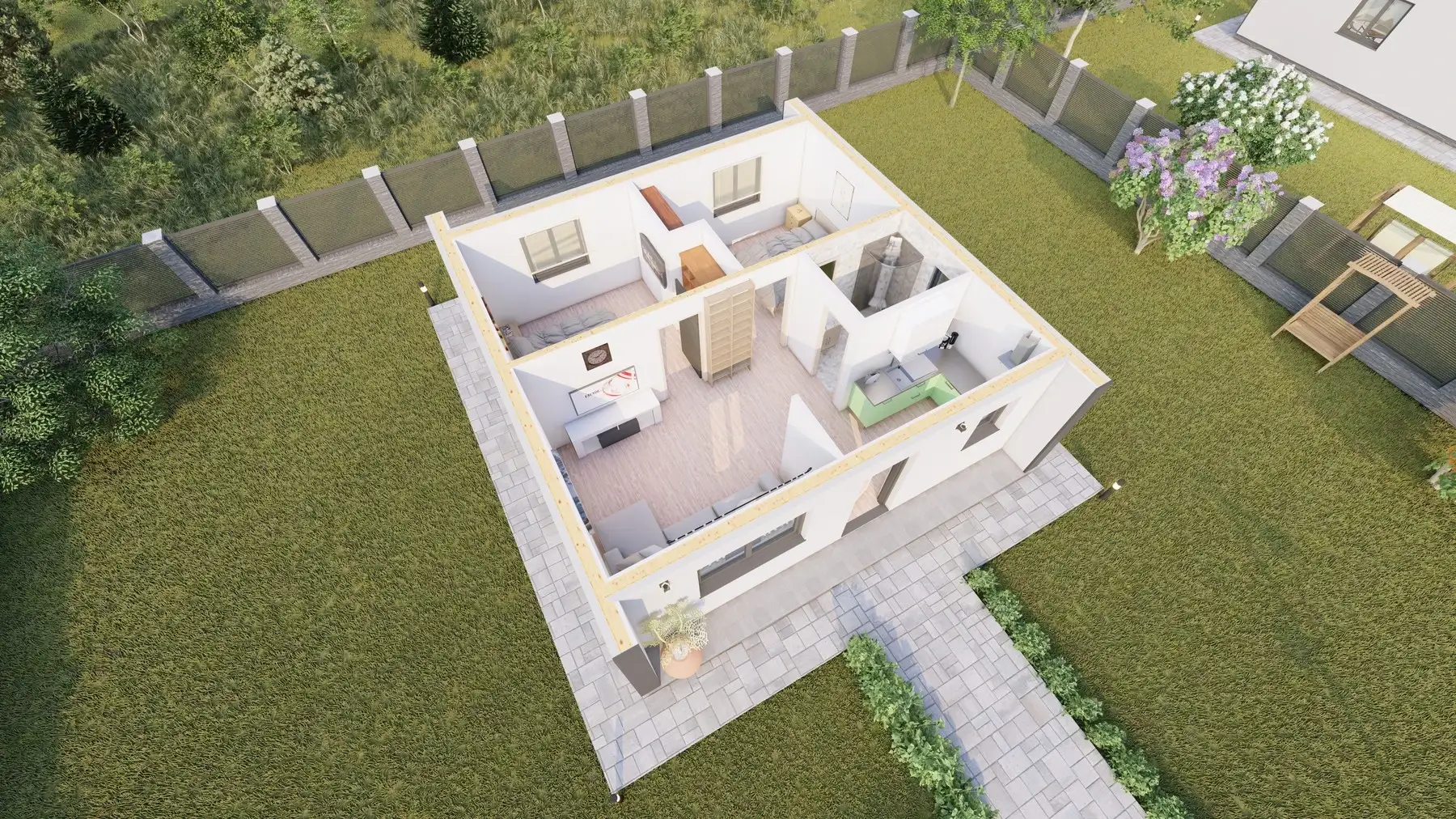 Plan casă din lemn parter 60 mp — 2 dormitoare, living, baie