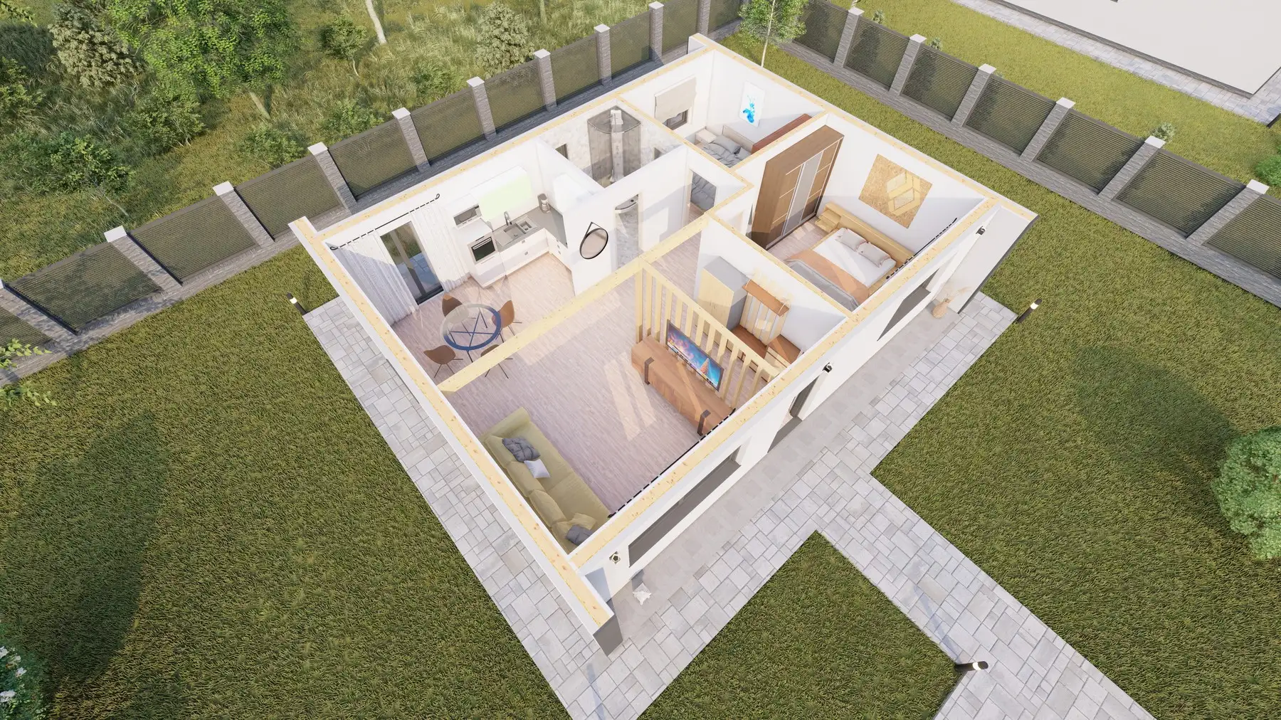 Plan casă din lemn parter 80 mp — 2 dormitoare, living, baie, hol